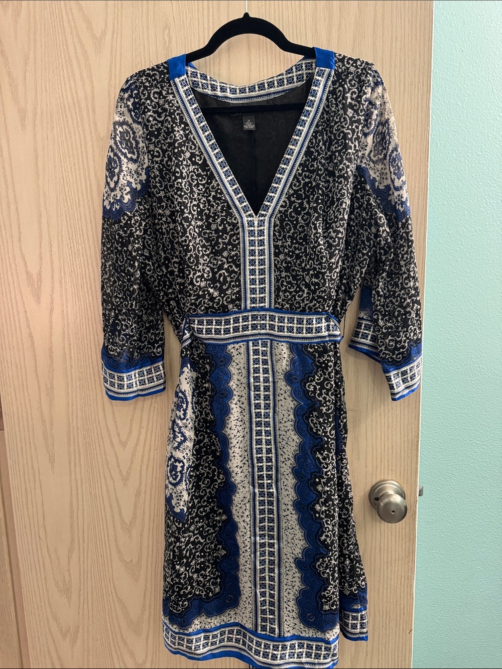 Silk Blue and Black Patterned V-Neck Women’s Dress